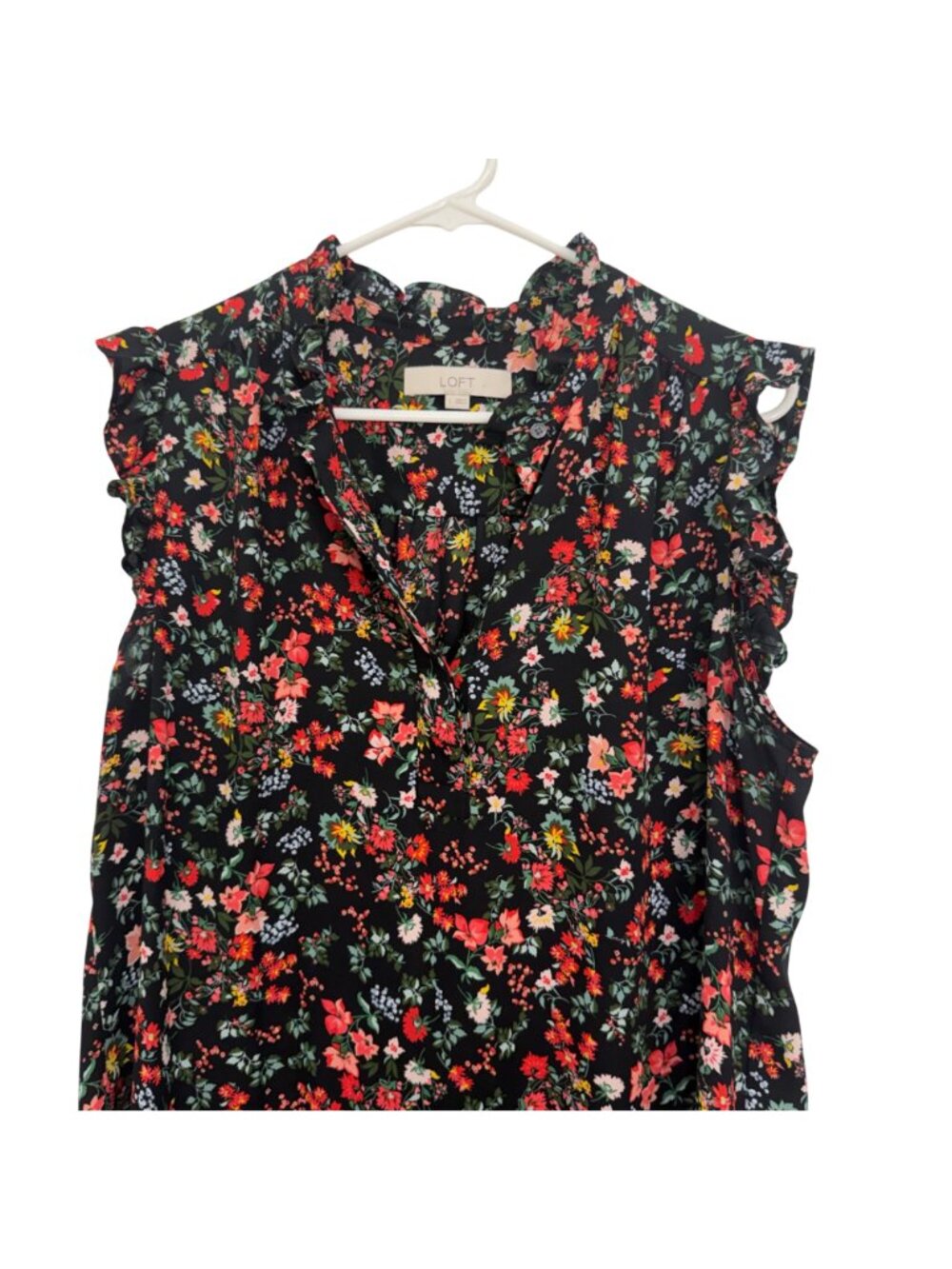 LOFT Floral Women L Sleeveless Ruffled Shoulders Lightweight Vibrant Multi-Color - Picture 2 of 9